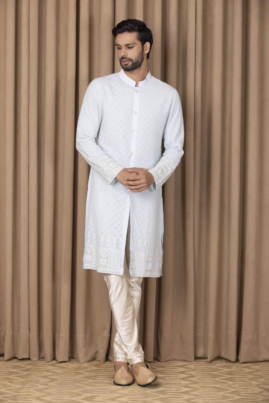 Powder Blue Thread Embroidered Cotton Silk Kurta Set for Men | Arif by AVK