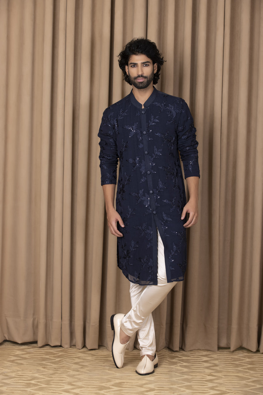 Navy Blue Floral Thread Embroidered Cotton Silk Kurta Set for Men | Sufian by AVK