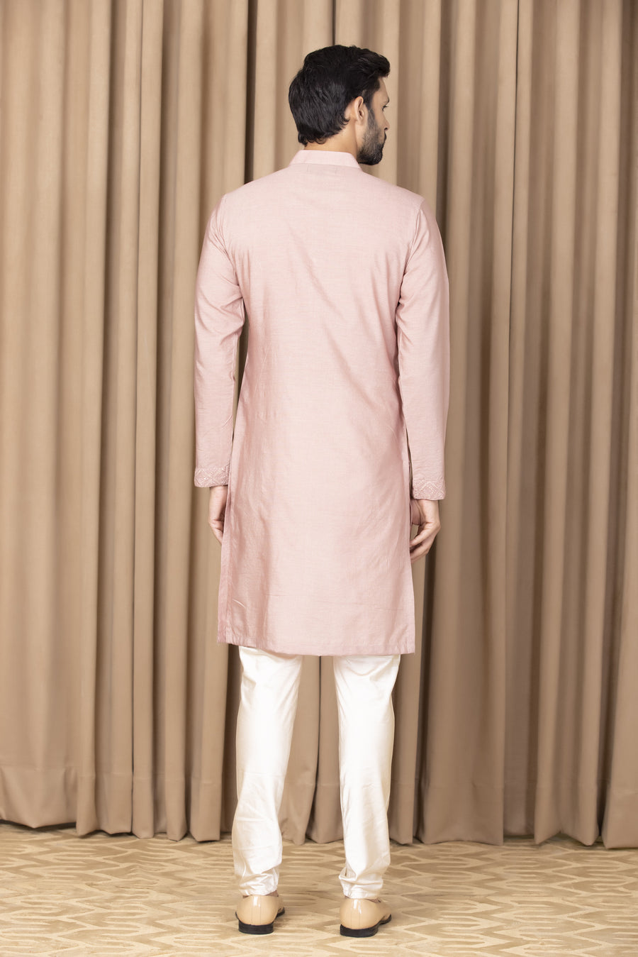 Carnation Pink Embroidered Cotton Silk Kurta Set for Men | Ranjha by AVK