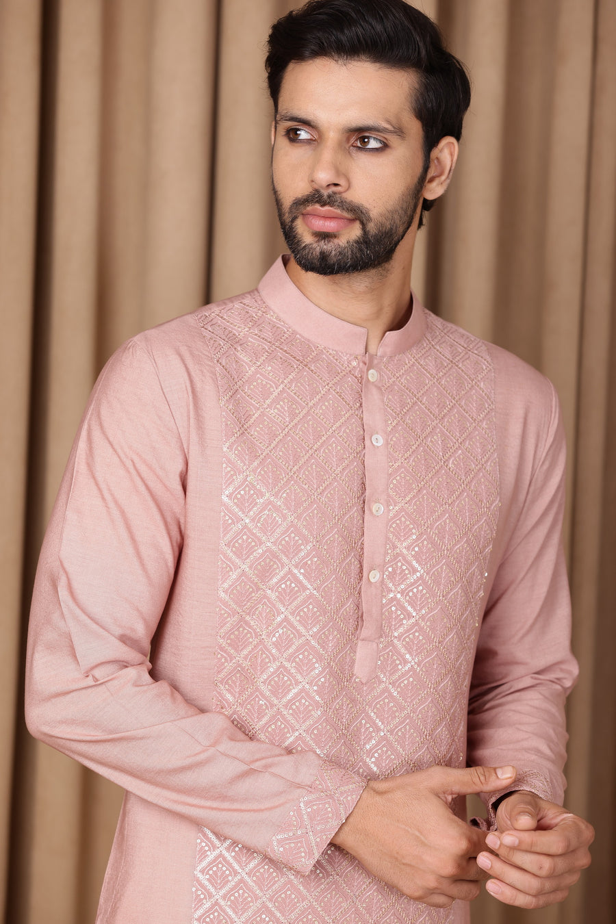 Carnation Pink Embroidered Cotton Silk Kurta Set for Men | Ranjha by AVK