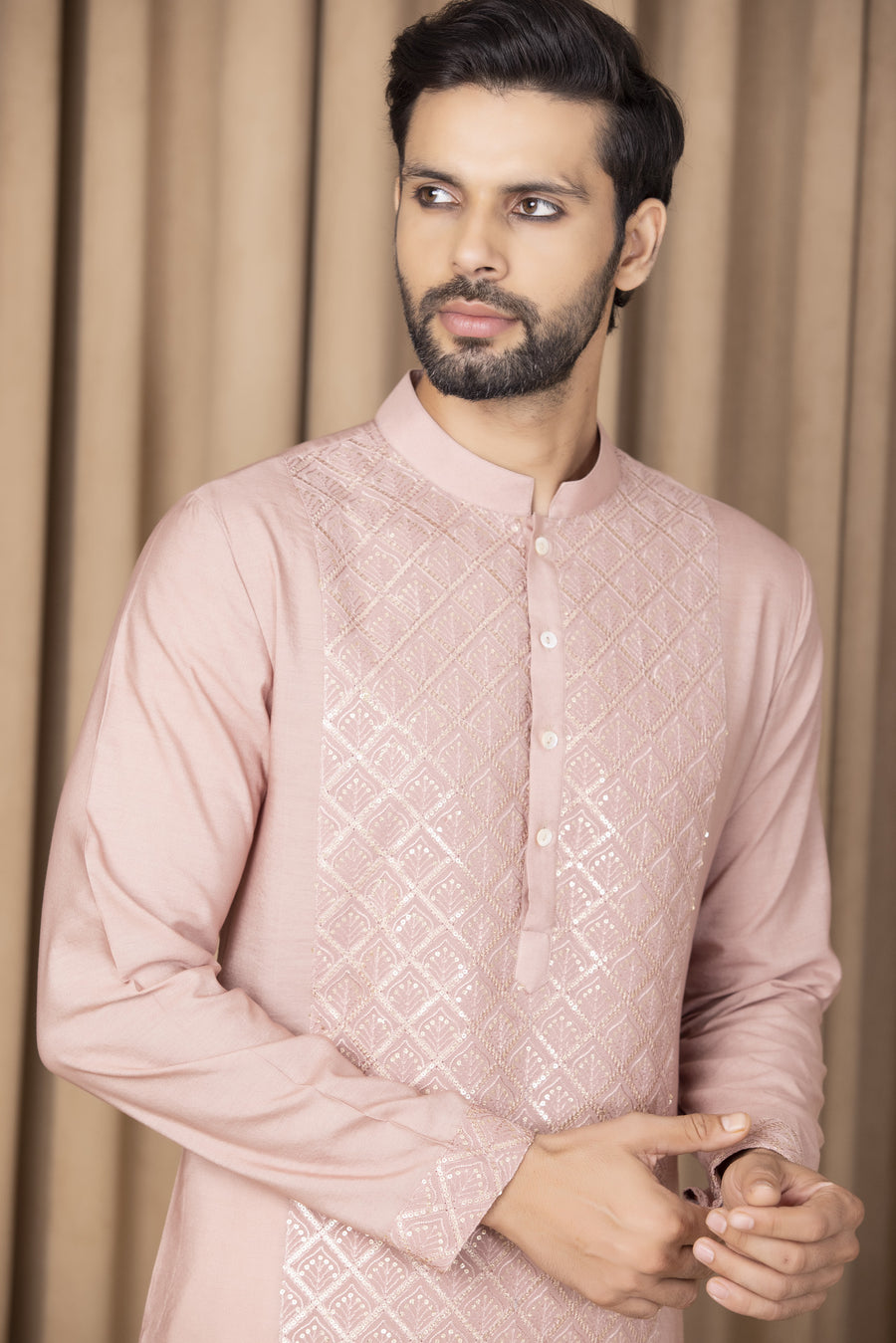 Carnation Pink Embroidered Cotton Silk Kurta Set for Men | Ranjha by AVK