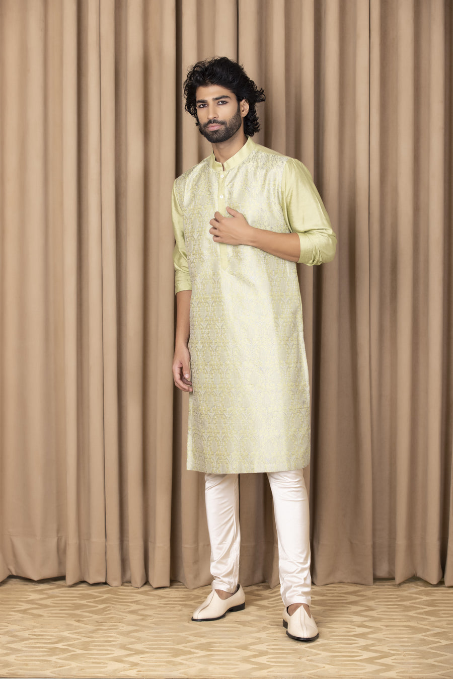 Mint Green Embroidered Cotton Silk Kurta Set for Men | Fahad by AVK