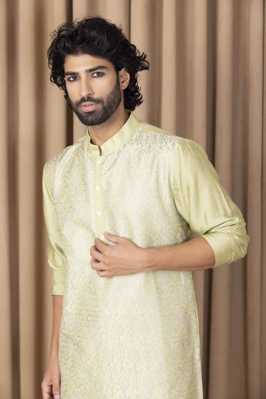 Mint Green Embroidered Cotton Silk Kurta Set for Men | Fahad by AVK