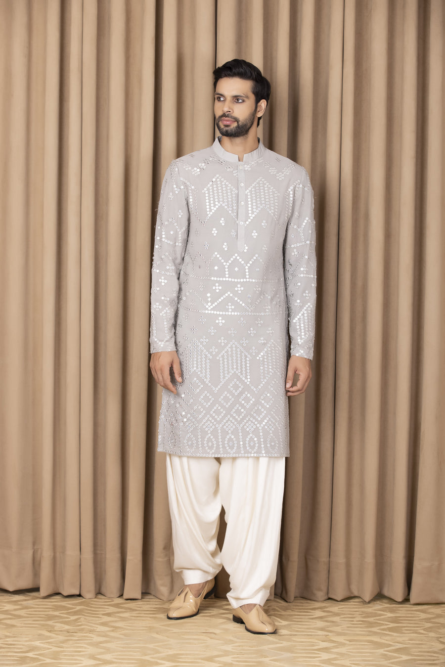 Steel Grey Mirror Work Embroidered Kurta Set for Men | Imran by AVK