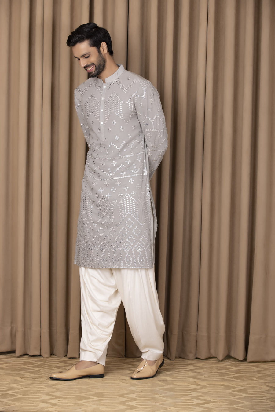 Steel Grey Mirror Work Embroidered Kurta Set for Men | Imran by AVK