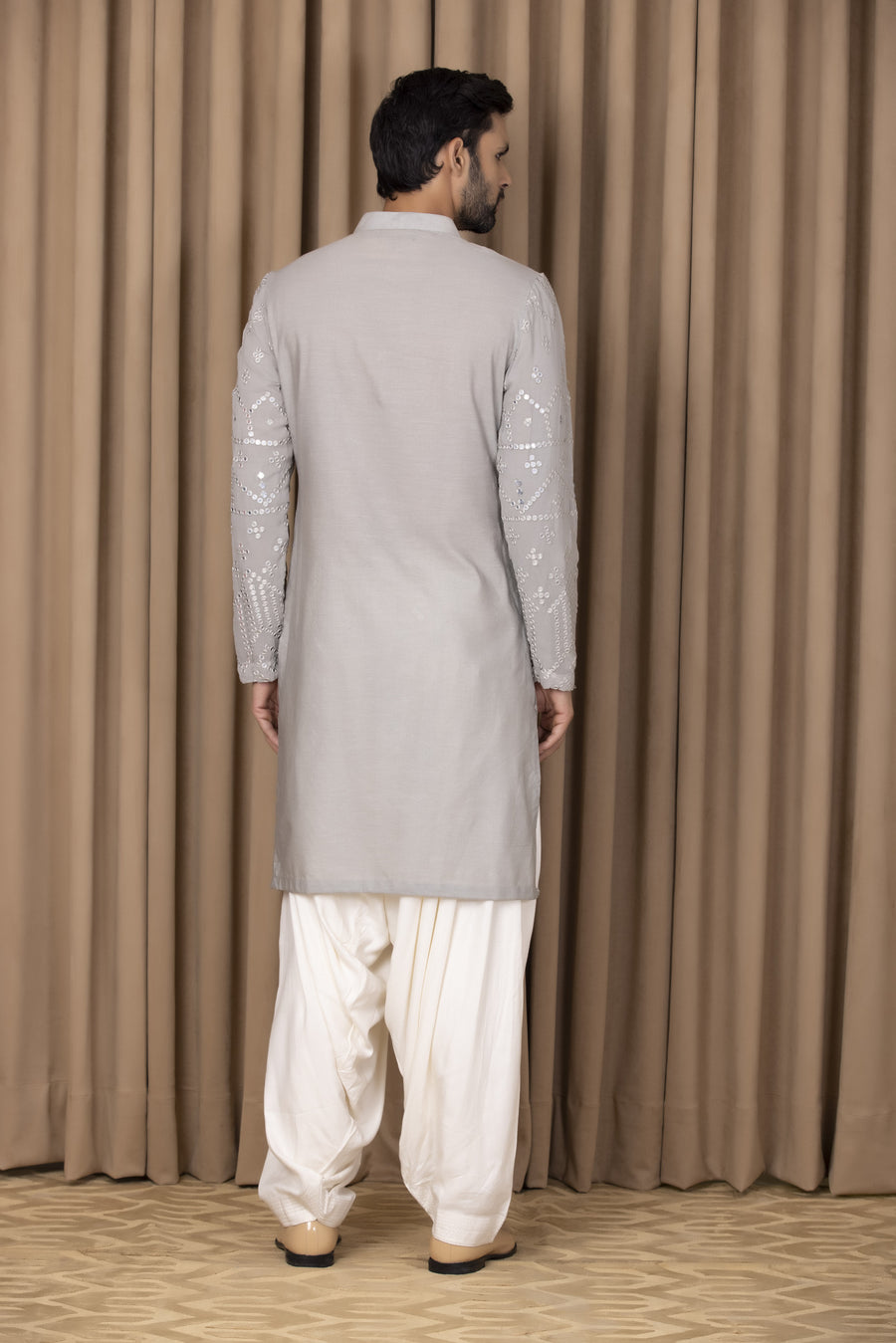 Steel Grey Mirror Work Embroidered Kurta Set for Men | Imran by AVK