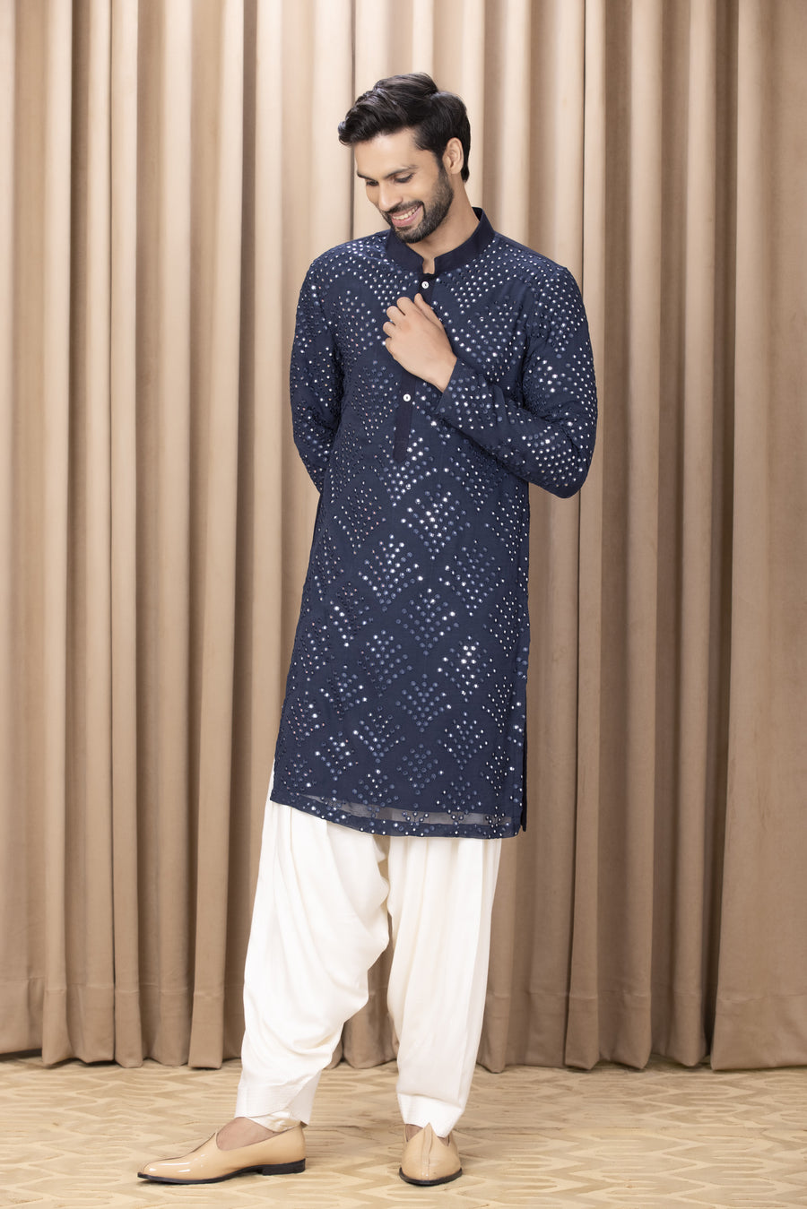 Navy Blue Mirror Work Kurta Set for Men | Rashid (Navy) by AVK