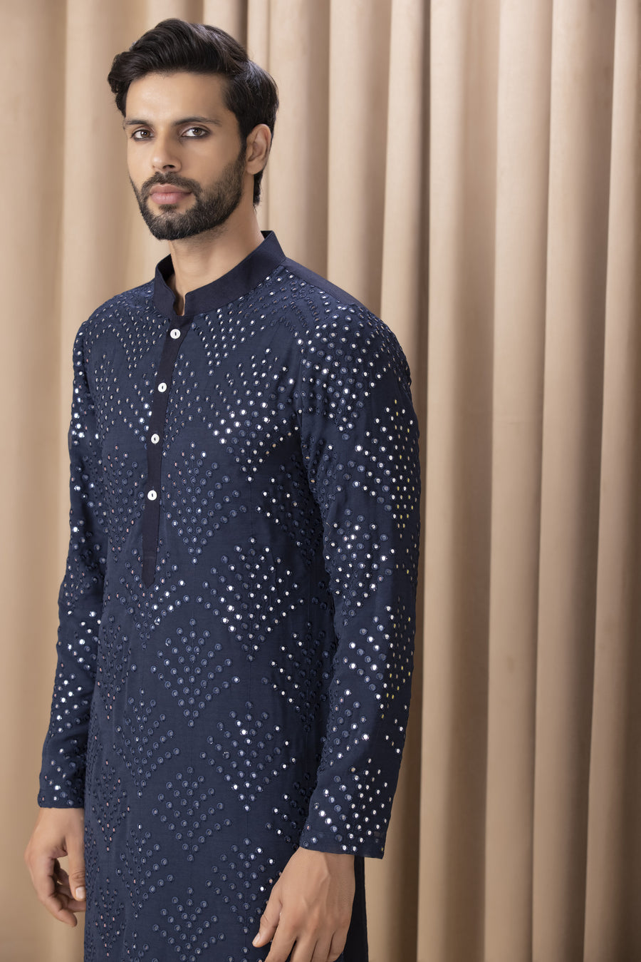 Navy Blue Mirror Work Kurta Set for Men | Rashid (Navy) by AVK