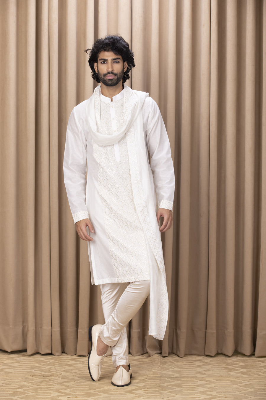 Ivory Embroidered Cotton Silk Kurta Set for Men | Ranjha (Ivory) by AVK