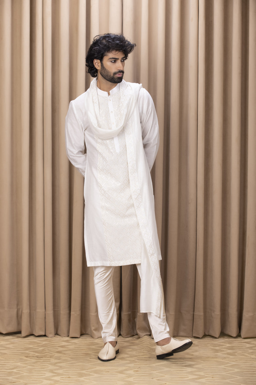 Ivory Embroidered Cotton Silk Kurta Set for Men | Ranjha (Ivory) by AVK