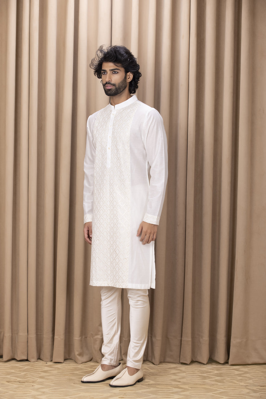 Ivory Embroidered Cotton Silk Kurta Set for Men | Ranjha (Ivory) by AVK