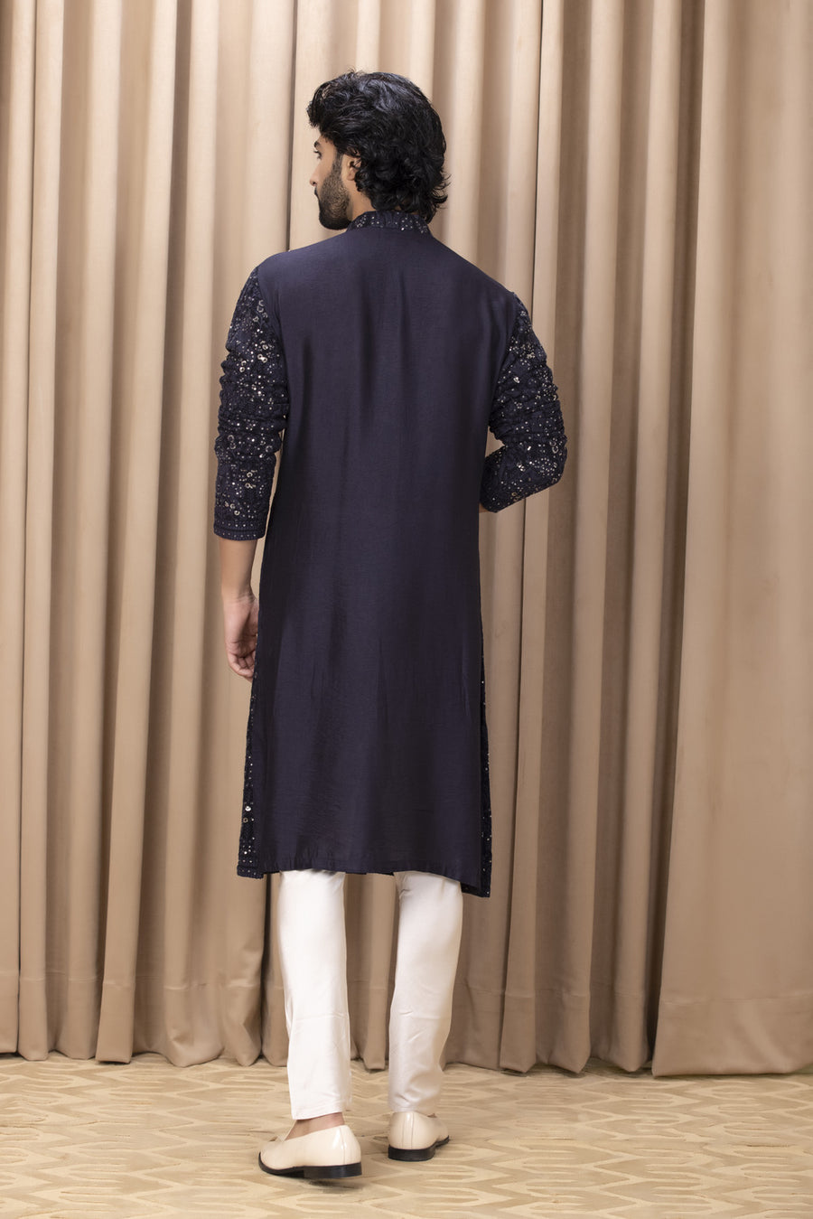 Navy Blue Thread Embroidered Kurta Set for Men | Aftaab (Navy) by AVK
