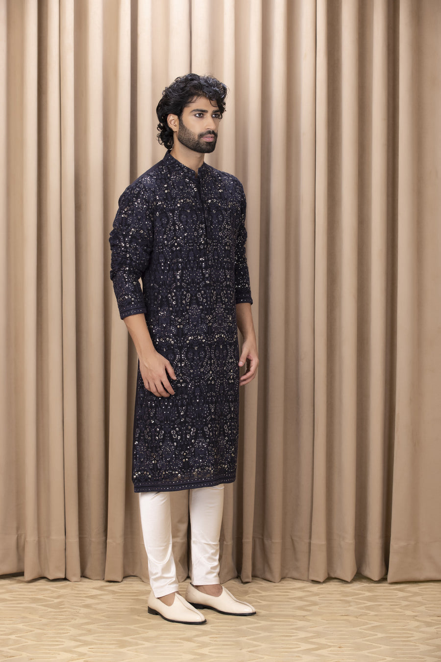 Navy Blue Thread Embroidered Kurta Set for Men | Aftaab (Navy) by AVK