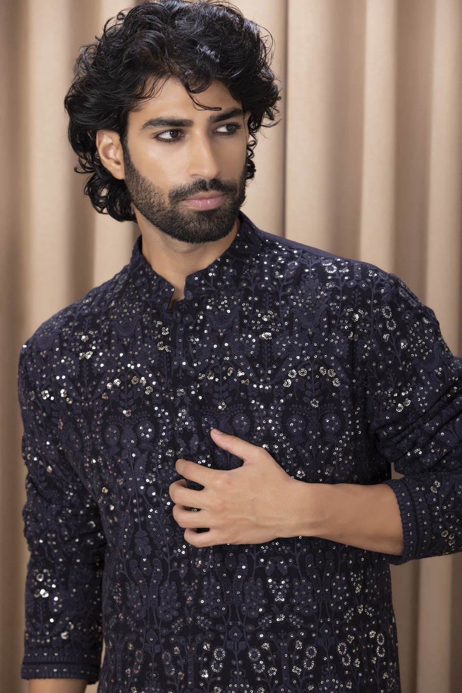 Navy Blue Thread Embroidered Kurta Set for Men | Aftaab (Navy) by AVK