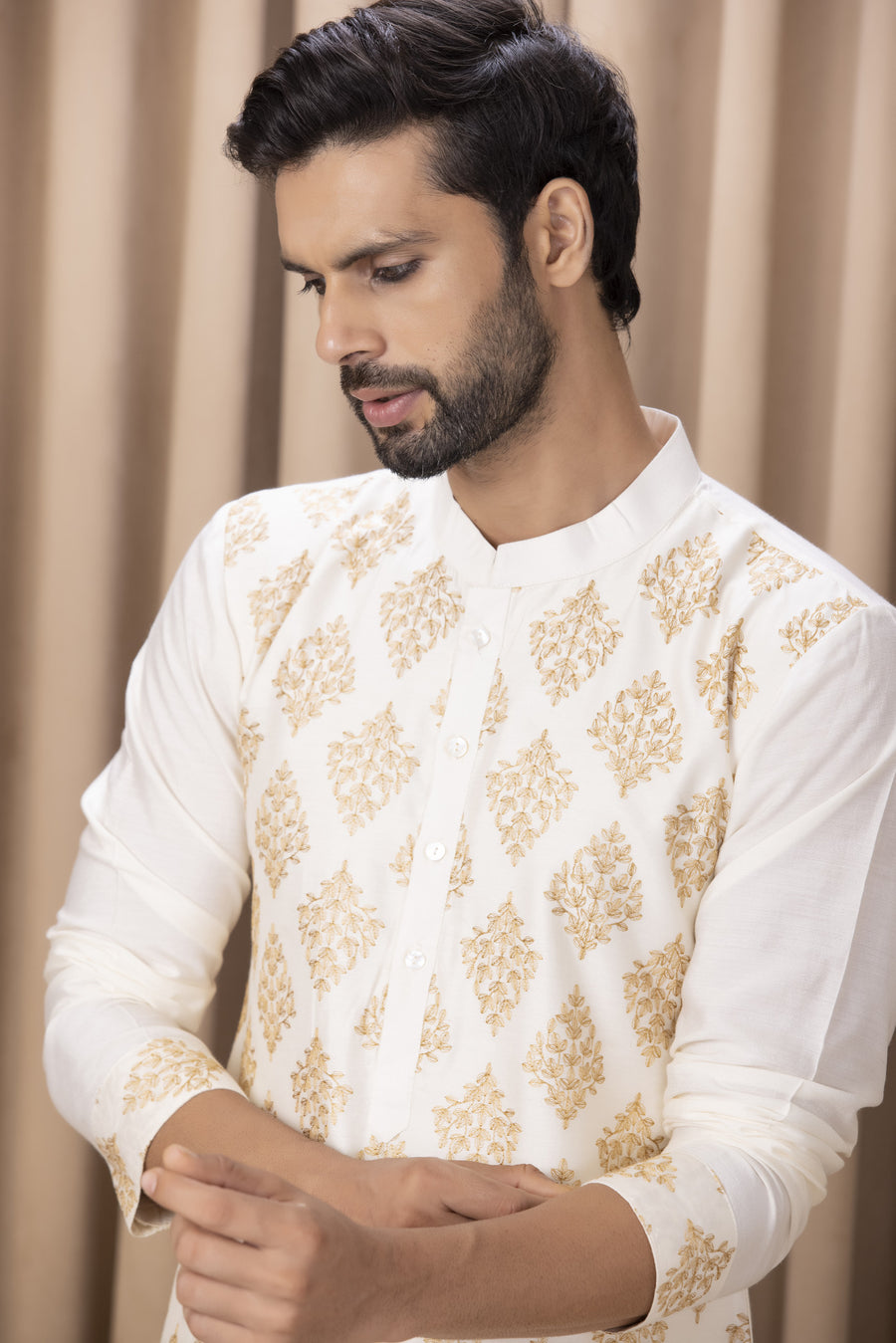 Ivory Embroidered Cotton Silk Kurta Set for Modern Groom | Haider by AVK