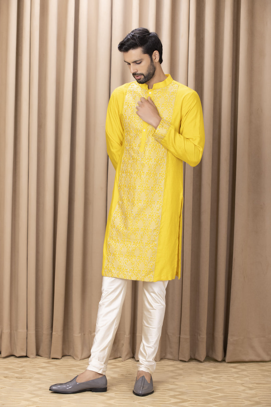 Mustard Yellow Embroidered Cotton Silk Kurta Set for Men | Fahad (Mustard) by AVK