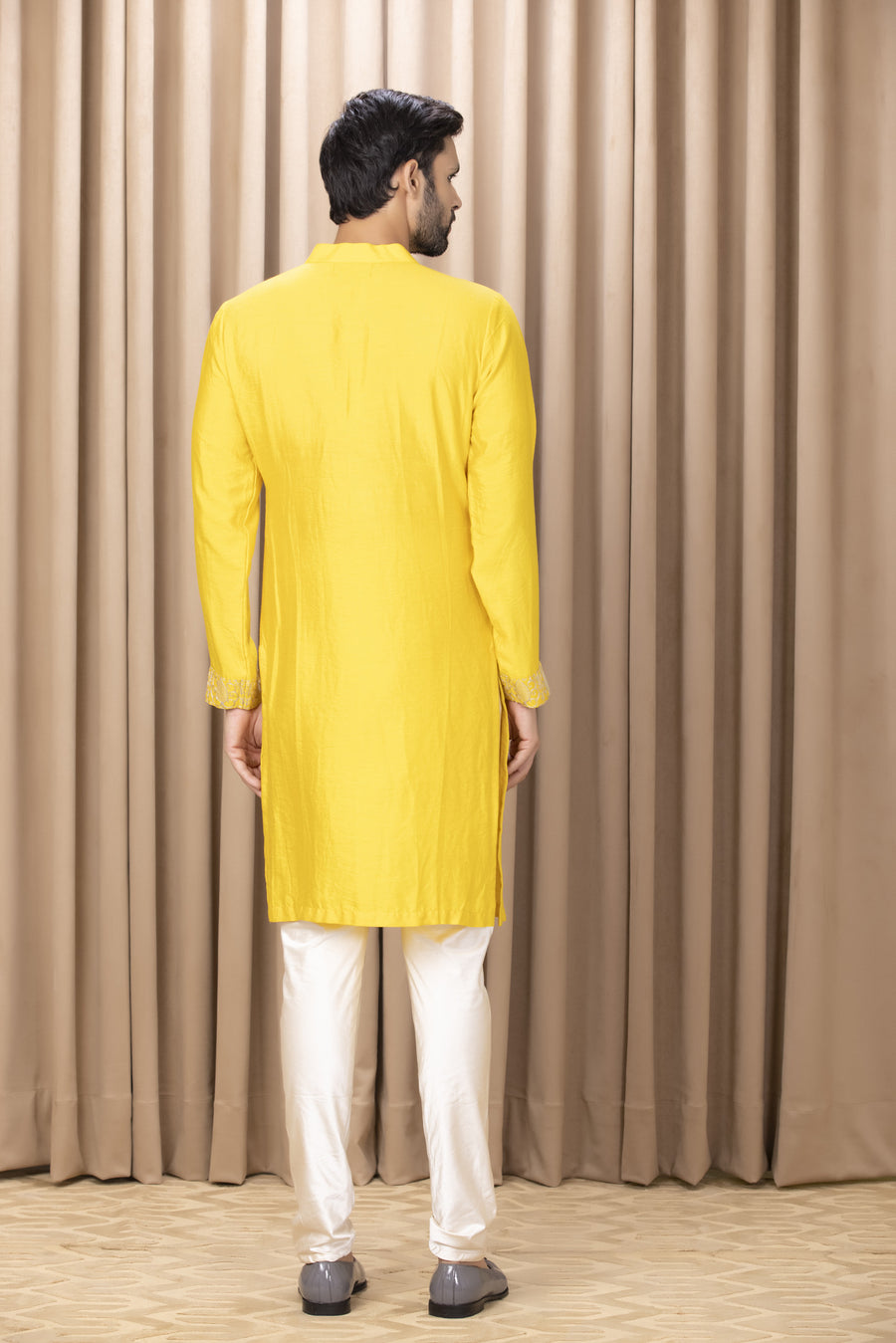 Mustard Yellow Embroidered Cotton Silk Kurta Set for Men | Fahad (Mustard) by AVK