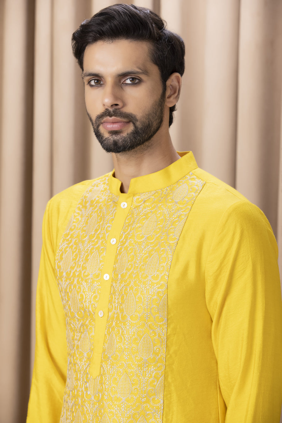 Mustard Yellow Embroidered Cotton Silk Kurta Set for Men | Fahad (Mustard) by AVK
