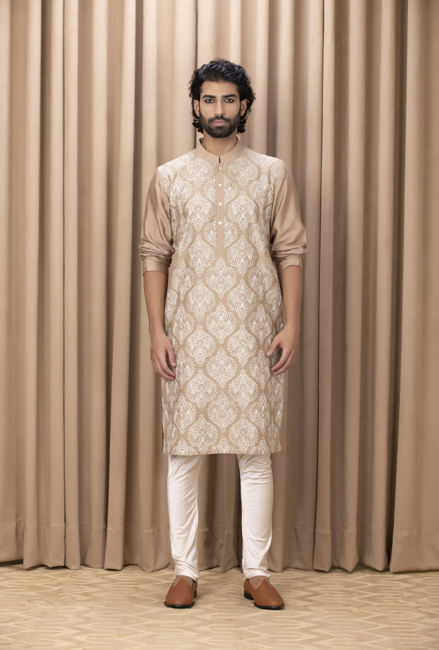 Mouse Brown Embroidered Cotton Silk Kurta Set for Outdoor Events | Aaryan by AVK