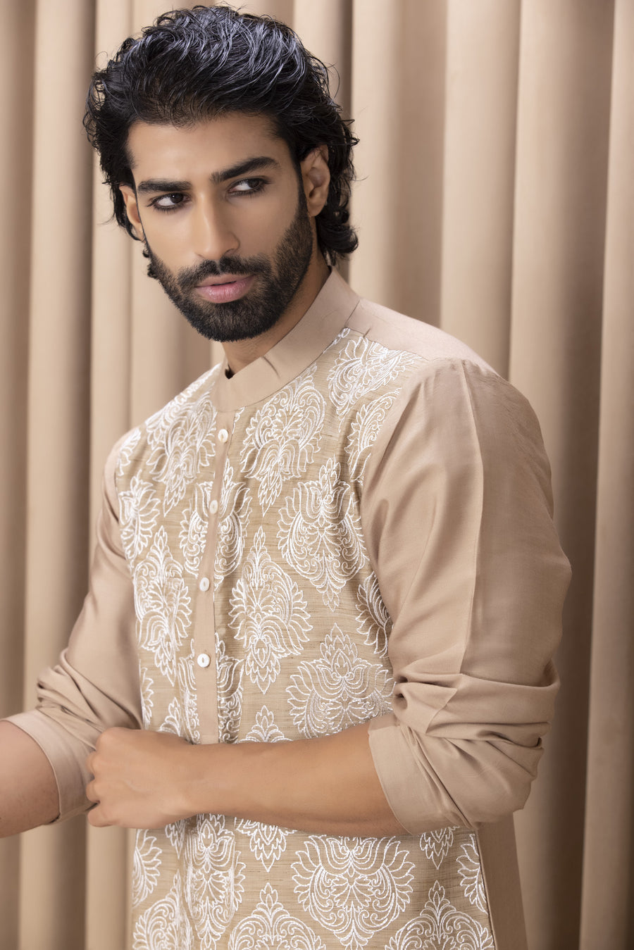 Mouse Brown Embroidered Cotton Silk Kurta Set for Outdoor Events | Aaryan by AVK