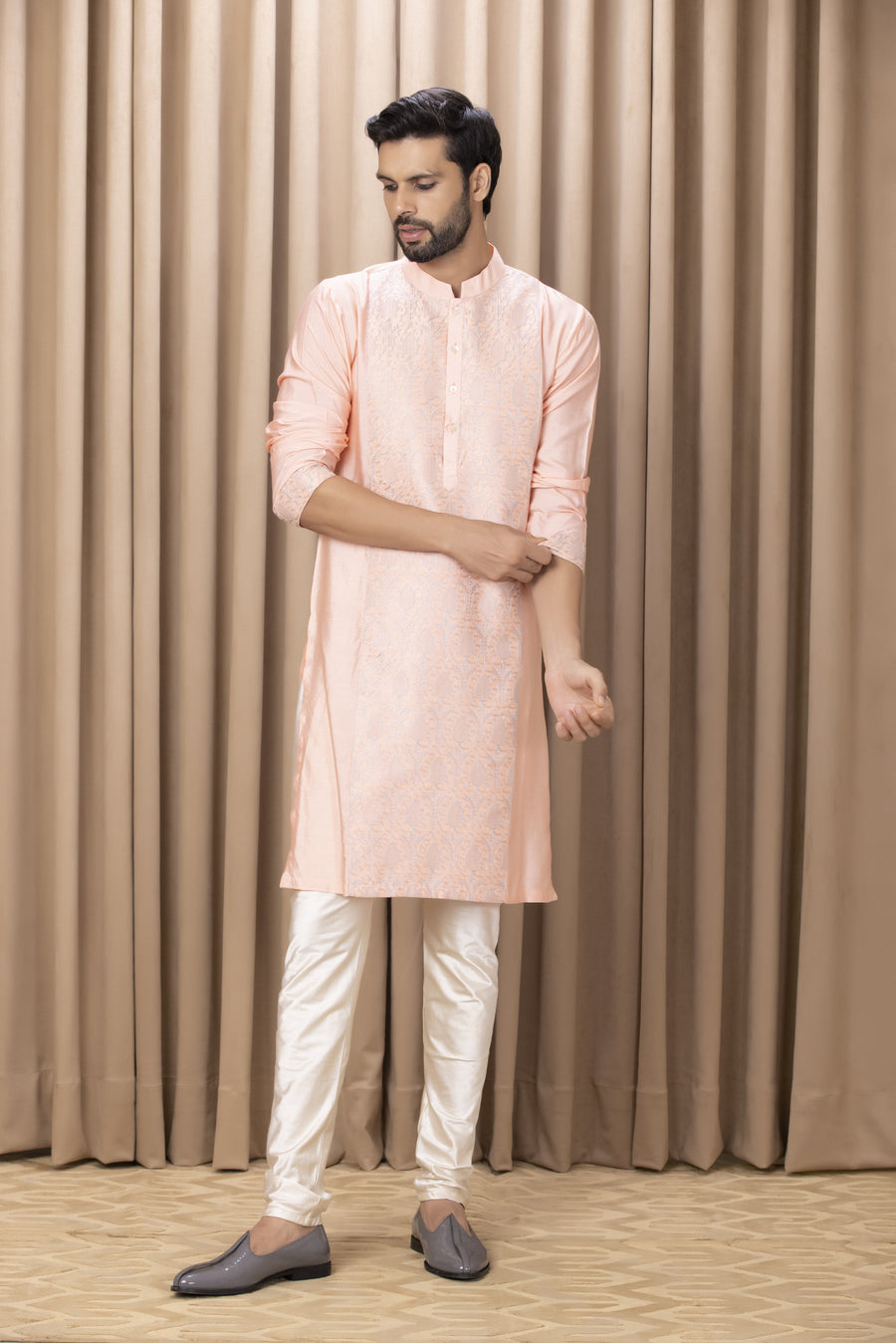 Peach Embroidered Cotton Silk Kurta Set for Men | Fahad (Peach) by AVK