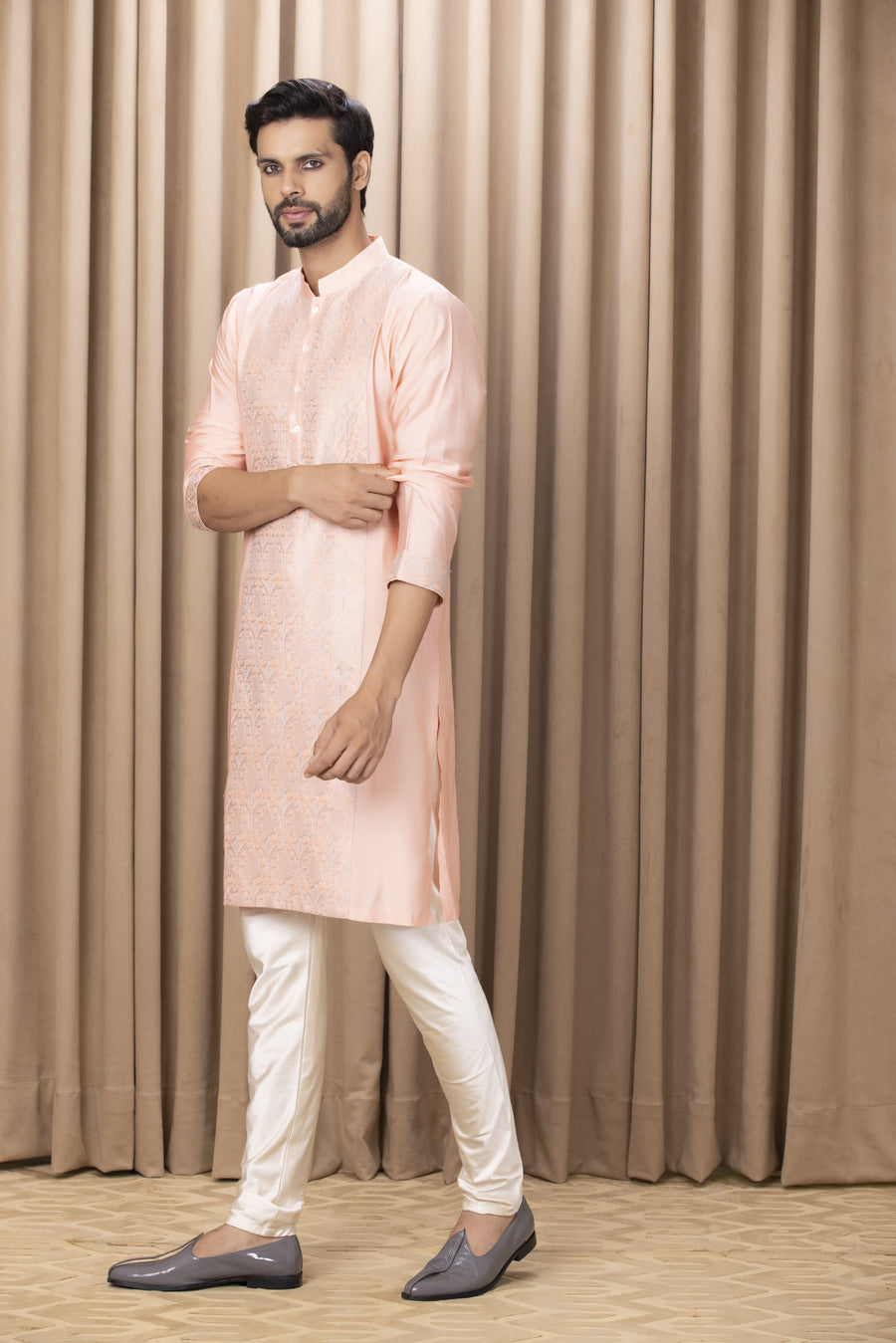 Peach Embroidered Cotton Silk Kurta Set for Men | Fahad (Peach) by AVK
