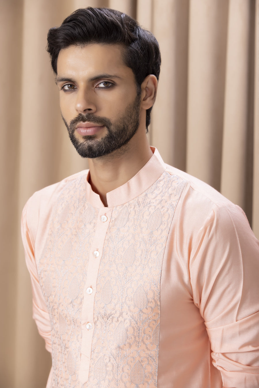 Peach Embroidered Cotton Silk Kurta Set for Men | Fahad (Peach) by AVK