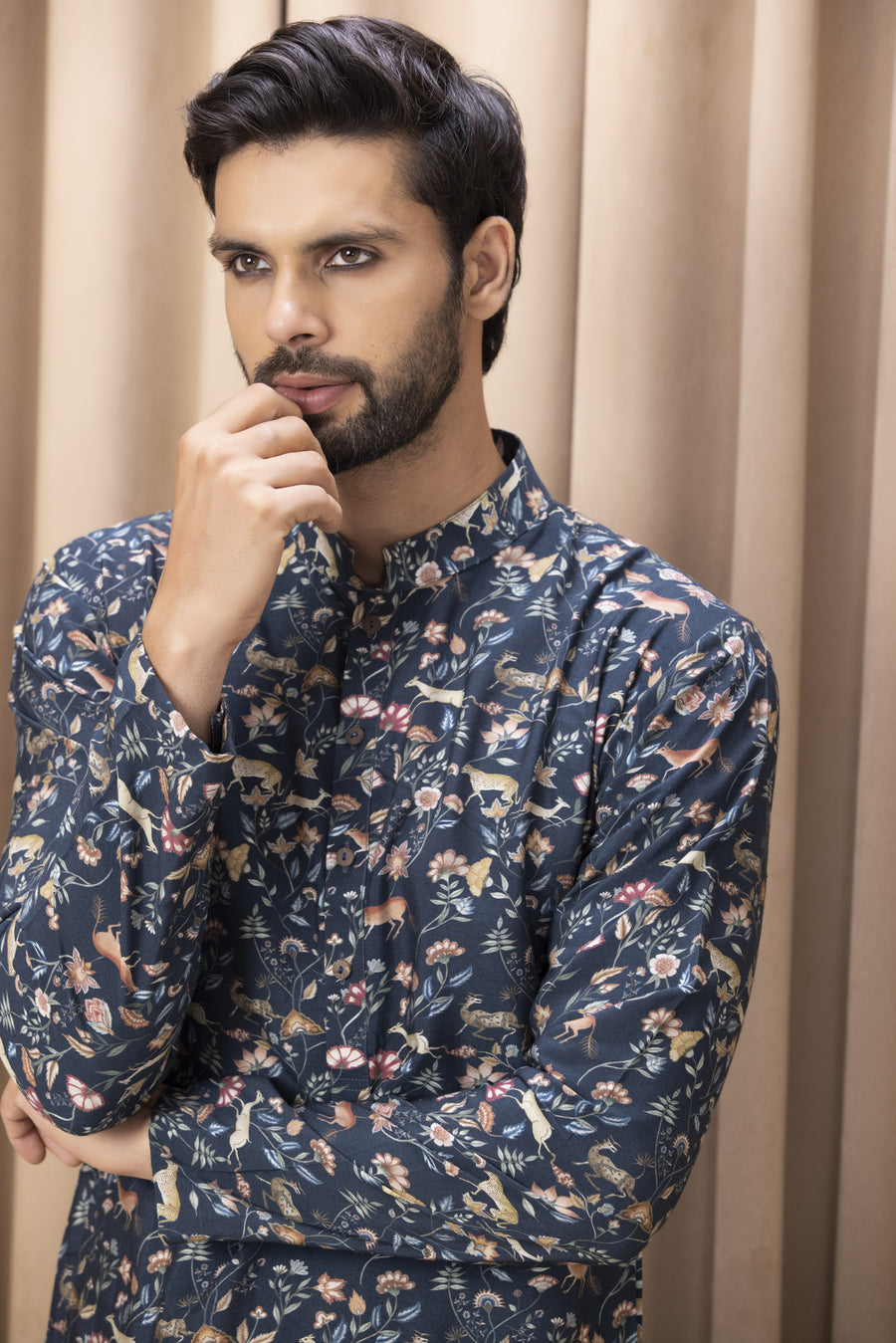Navy Blue Hand-Painted Print Cotton Silk Kurta Set for Men | Amaani by AVK