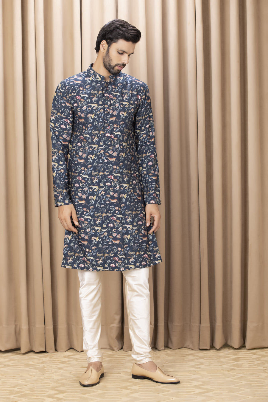 Navy Blue Hand-Painted Print Cotton Silk Kurta Set for Men | Amaani by AVK