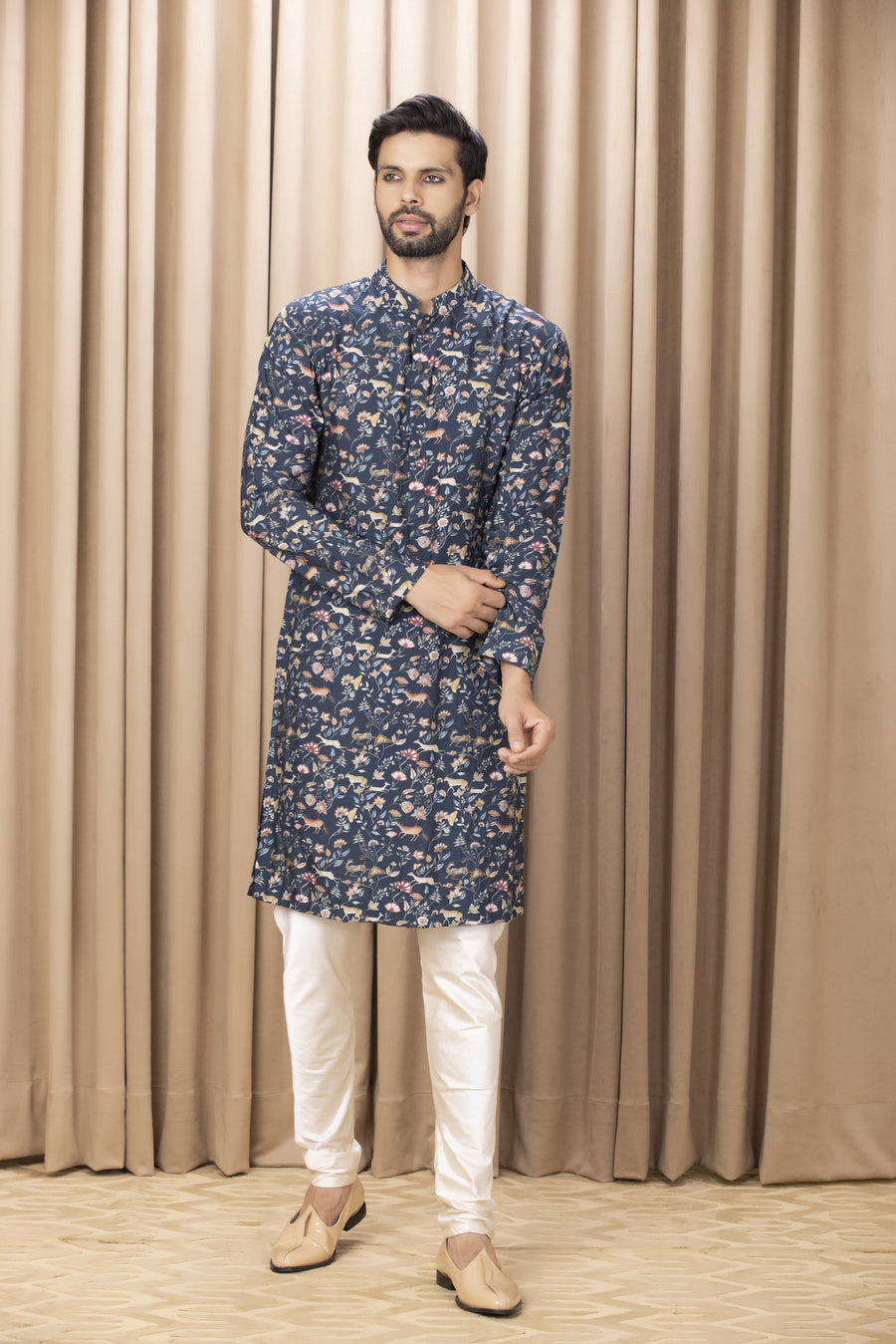 Navy Blue Hand-Painted Print Cotton Silk Kurta Set for Men | Amaani by AVK