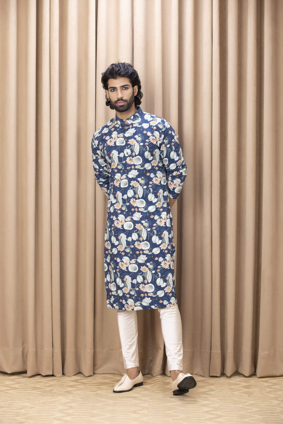 Navy Blue Geometric Print Cotton Silk Kurta Set for Men | Kamal by AVK