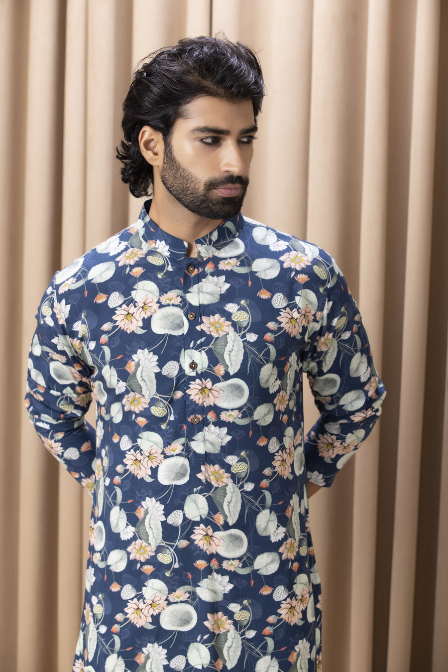 Navy Blue Geometric Print Cotton Silk Kurta Set for Men | Kamal by AVK