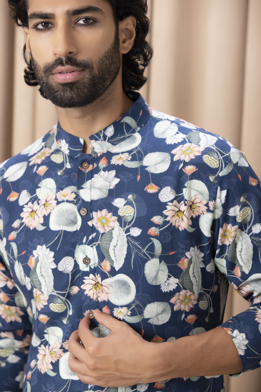 Navy Blue Geometric Print Cotton Silk Kurta Set for Men | Kamal by AVK