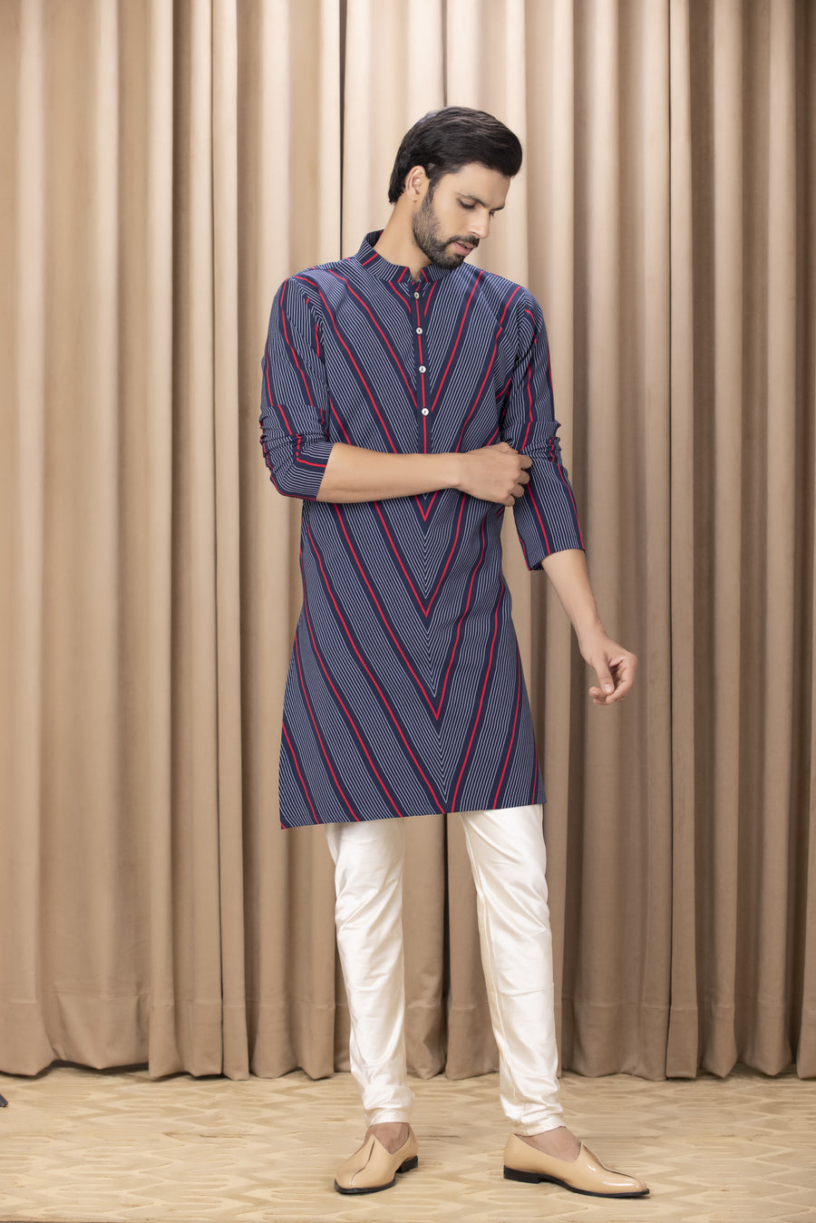 Navy Blue Linear Print Crepe Kurta Set for Men | Aarsh by AVK