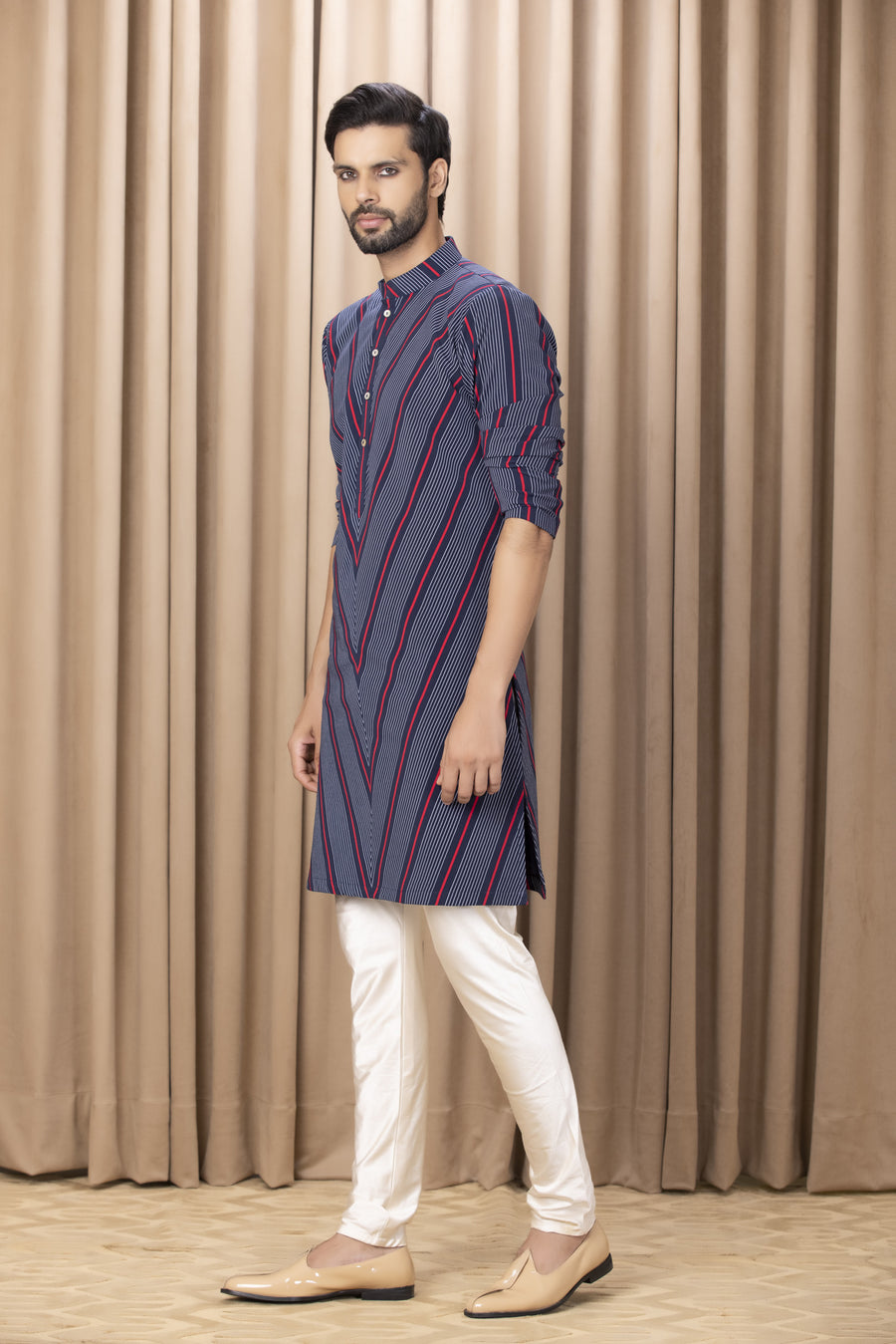 Navy Blue Linear Print Crepe Kurta Set for Men | Aarsh by AVK
