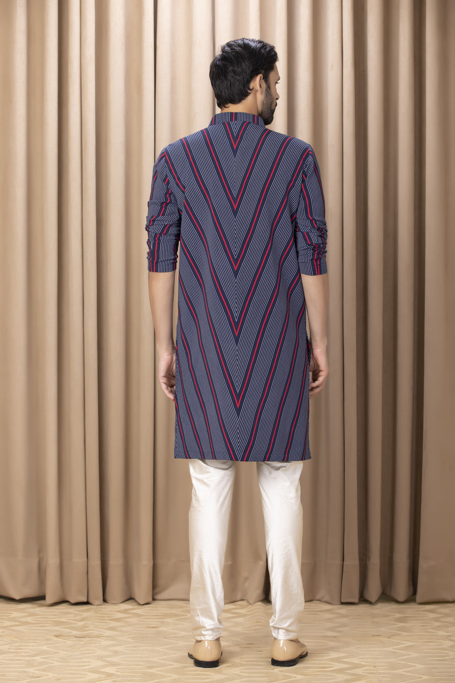 Navy Blue Linear Print Crepe Kurta Set for Men | Aarsh by AVK