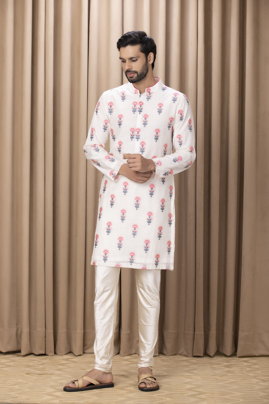 Pink Phulkari Embroidered Cotton Silk Kurta Set for Men | Ashar (Pink) by AVK
