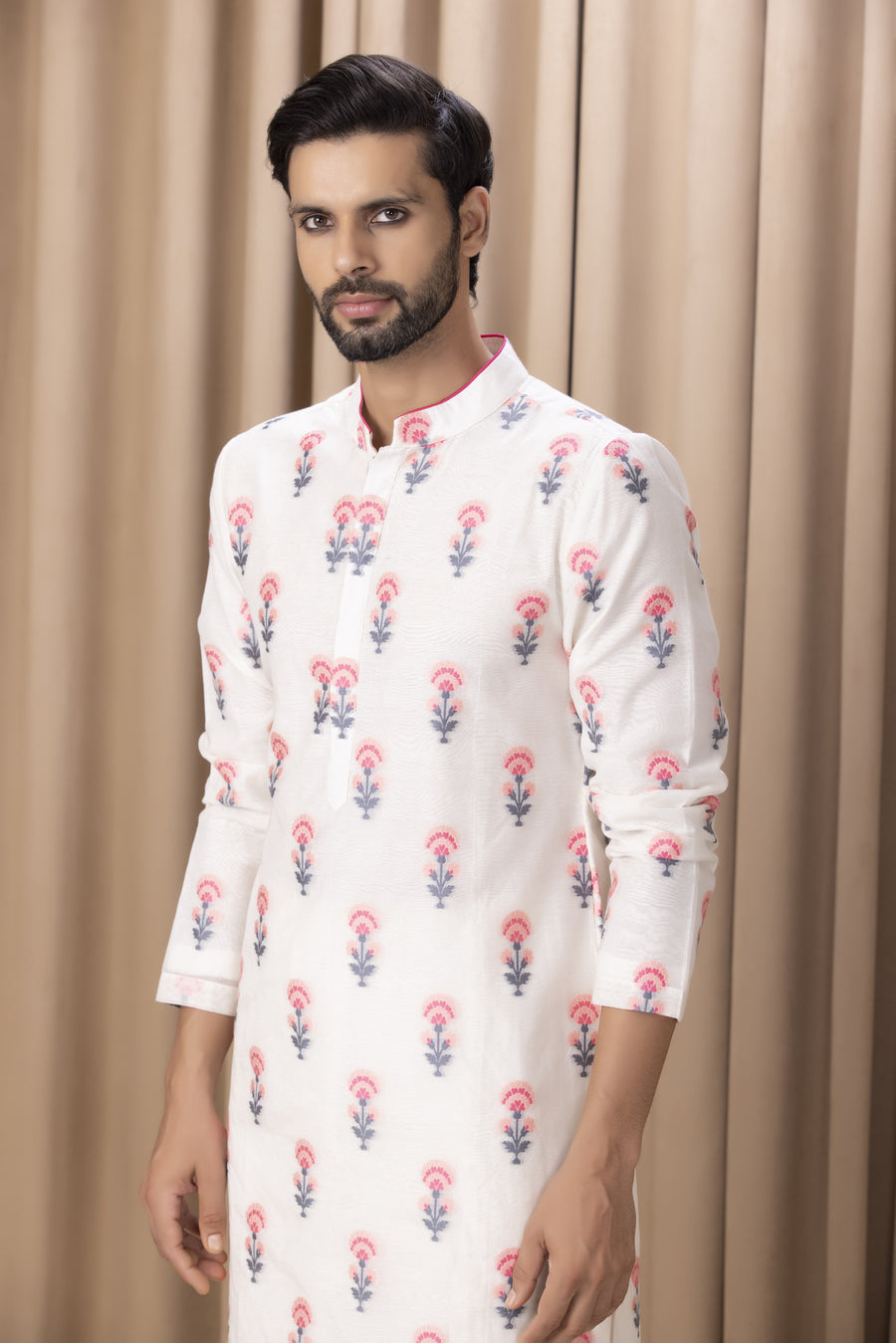 Pink Phulkari Embroidered Cotton Silk Kurta Set for Men | Ashar (Pink) by AVK