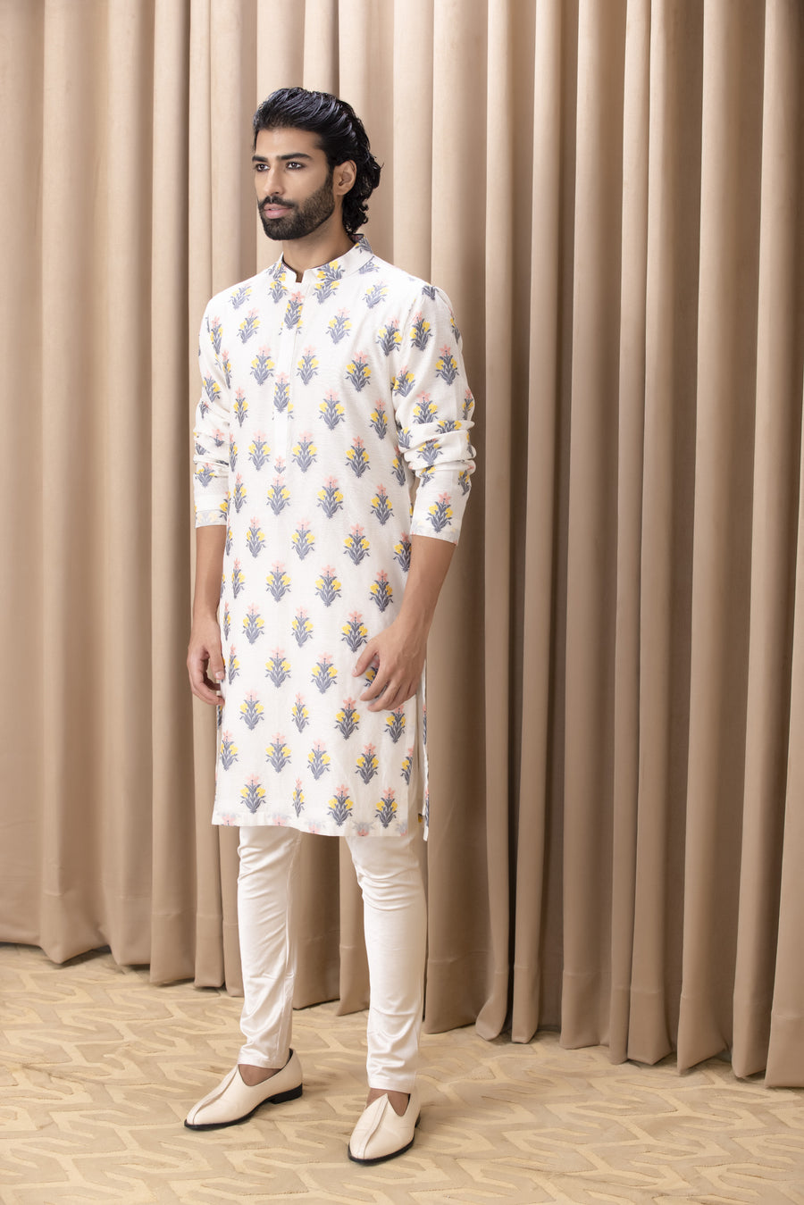Grey Phulkari Embroidered Cotton Silk Kurta Set for Men | Ashar (Grey) by AVK