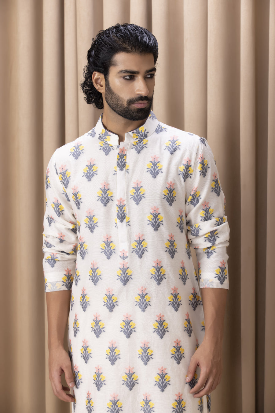 Grey Phulkari Embroidered Cotton Silk Kurta Set for Men | Ashar (Grey) by AVK