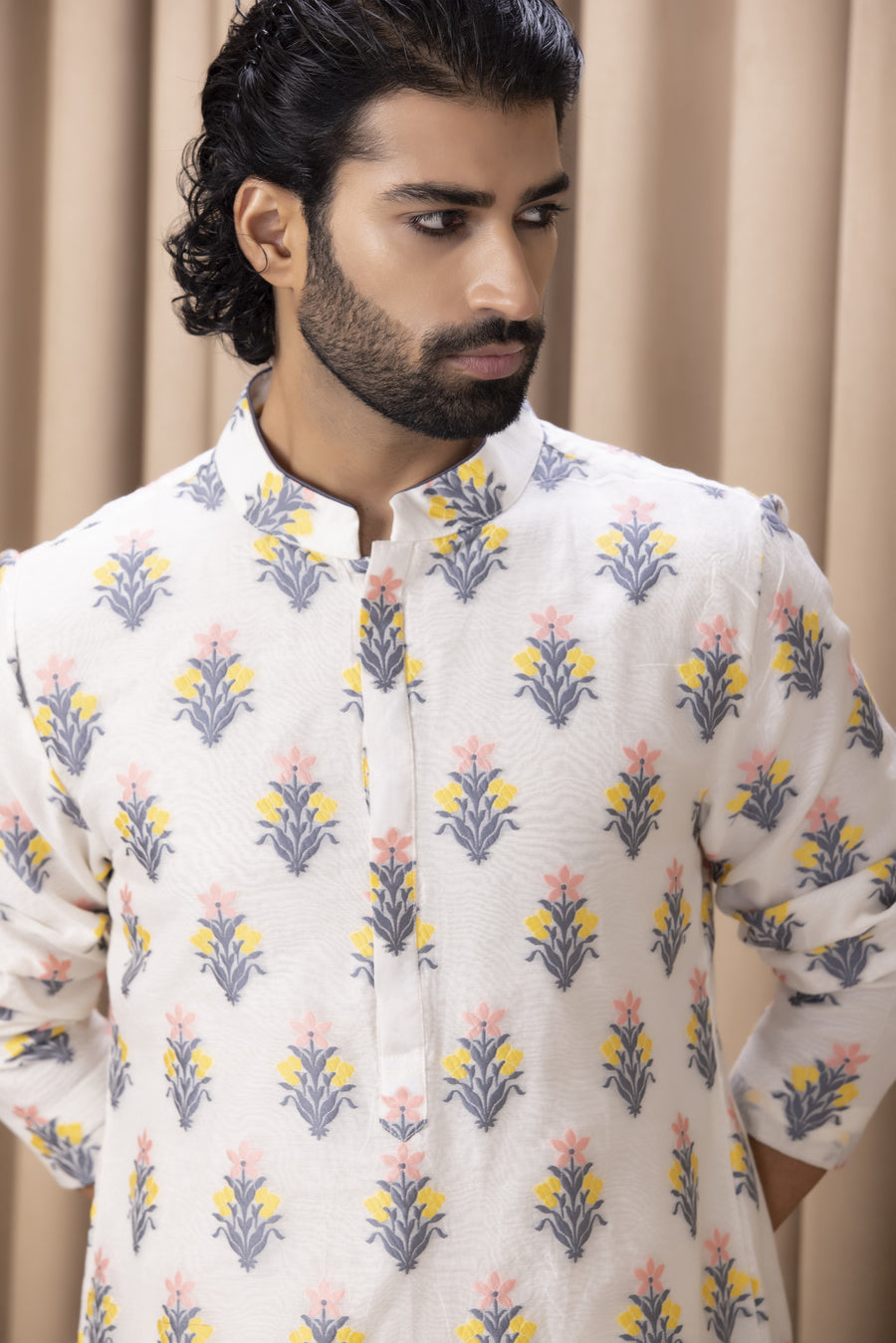 Grey Phulkari Embroidered Cotton Silk Kurta Set for Men | Ashar (Grey) by AVK