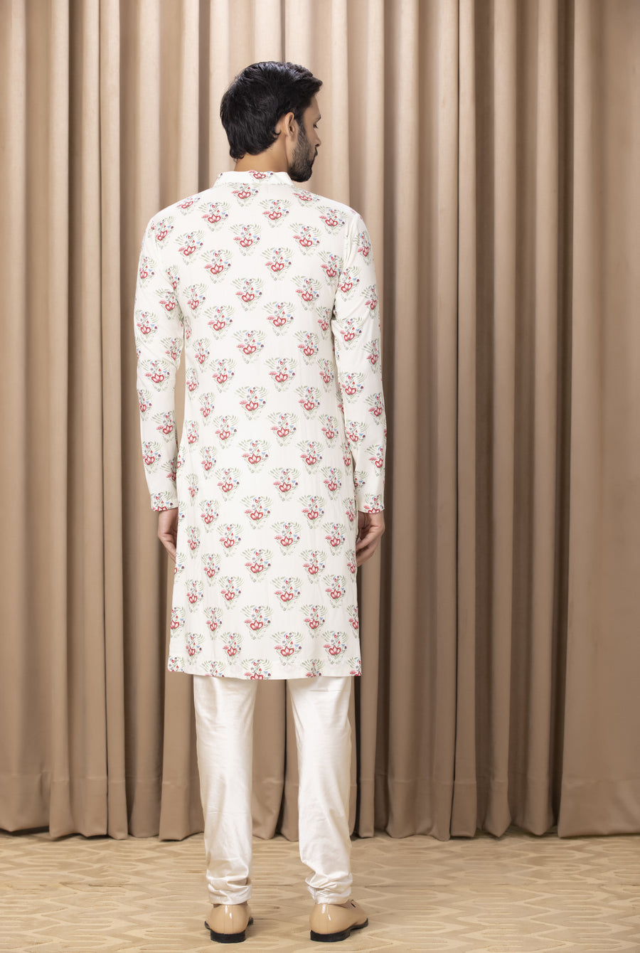 Ivory Floral Print Cotton Silk Kurta Set for Men | Noor (Ivory) by AVK