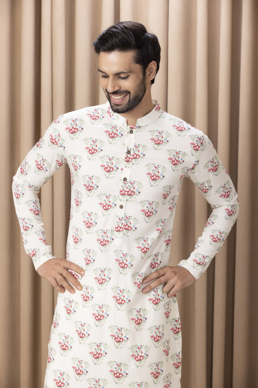 Ivory Floral Print Cotton Silk Kurta Set for Men | Noor (Ivory) by AVK