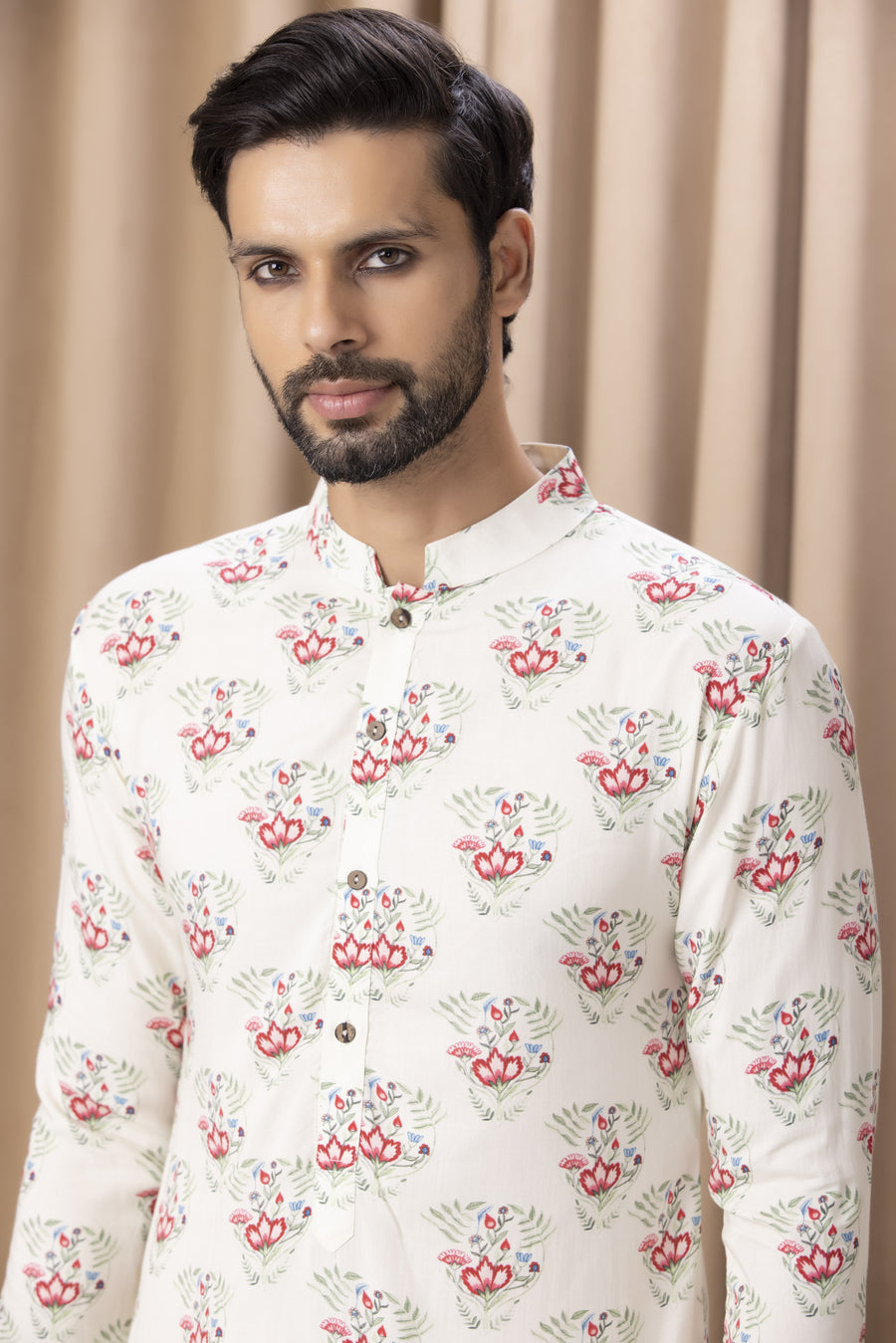 Ivory Floral Print Cotton Silk Kurta Set for Men | Noor (Ivory) by AVK
