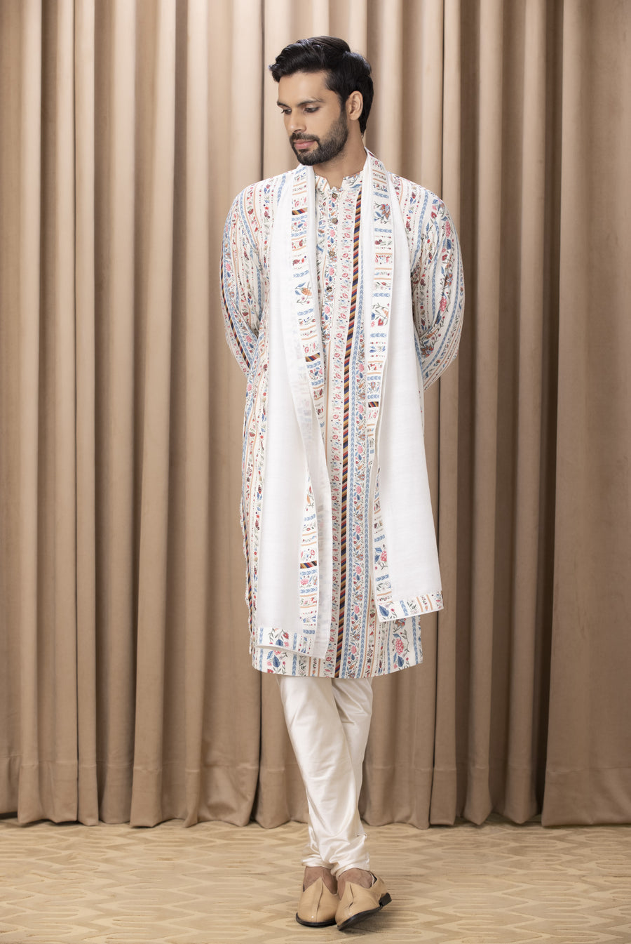Ivory Linear Print Cotton Silk Kurta Set for Men | Lakeer by AVK