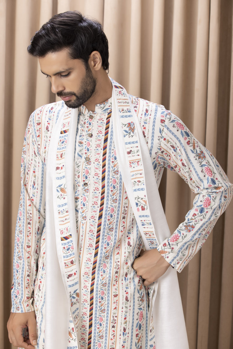 Ivory Linear Print Cotton Silk Kurta Set for Men | Lakeer by AVK