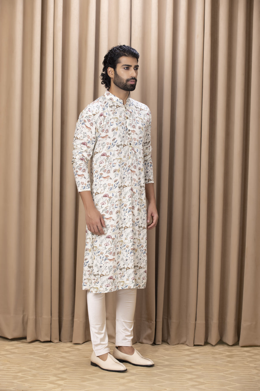 Ivory Floral Print Cotton Silk Kurta Set for Men | Amaani (Ivory, Edition I) by AVK