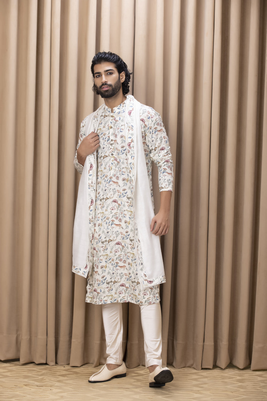 Ivory Floral Print Cotton Silk Kurta Set for Men | Amaani (Ivory, Edition I) by AVK