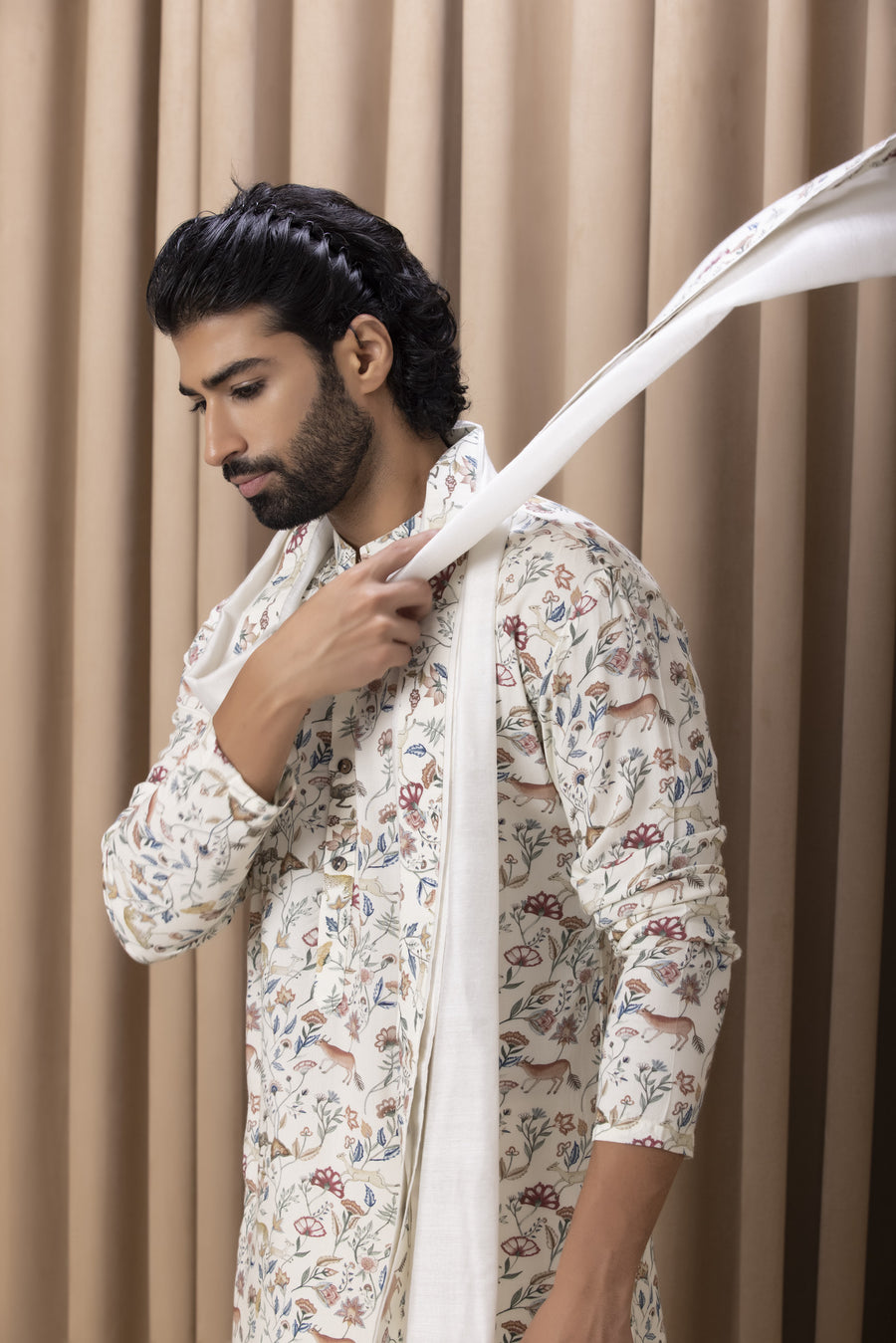 Ivory Floral Print Cotton Silk Kurta Set for Men | Amaani (Ivory, Edition I) by AVK