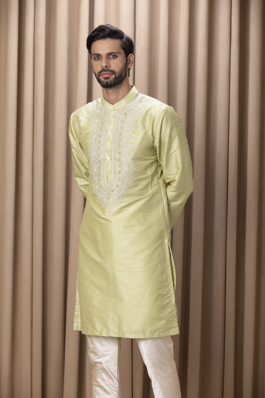 Mint Green Aari Dabka Embroidered Linen Silk Kurta Set for Men | Vahid by AVK